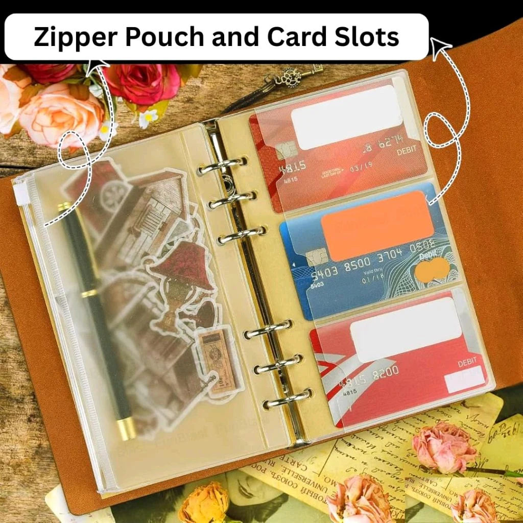 Open refillable journal showing zipper pouch and credit card slots inside