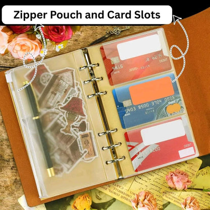 Open refillable journal showing zipper pouch and credit card slots inside