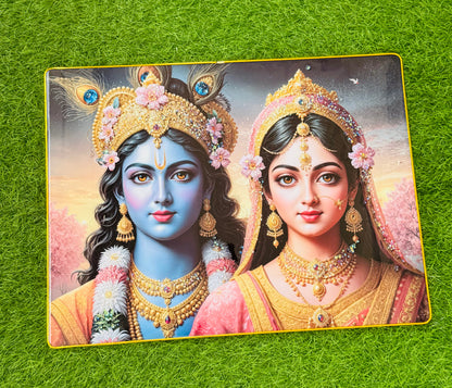 Close up of crystal embedded Radha Krishna faces with jewelled crowns