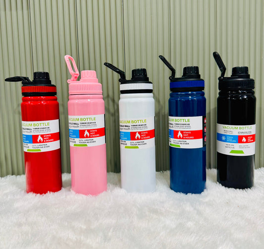 Red, pink, white, blue and black 800ml vacuum bottles lined up