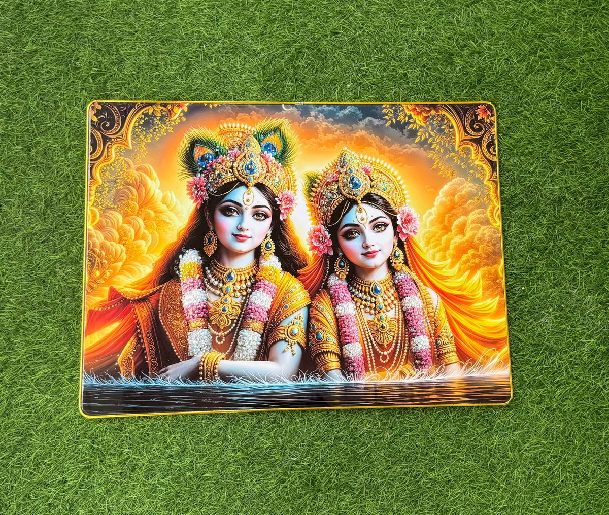 Crystal embedded Radha Krishna river scene wall painting on grass