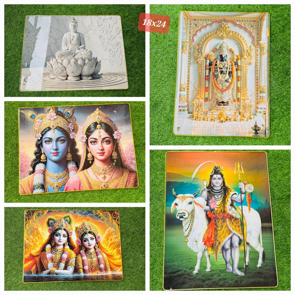 Collage of large crystal embedded devotional wall paintings on grass and rug