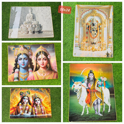 Collage of large crystal embedded devotional wall paintings on grass and rug