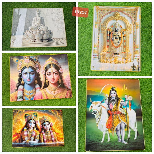 Collage of large crystal embedded devotional wall paintings on grass and rug
