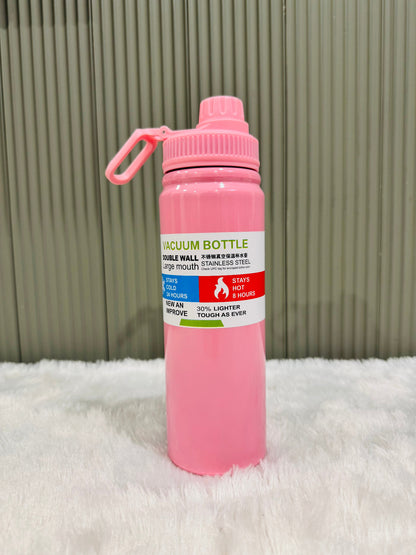 Pink 800ml vacuum insulated sports bottle with matching carry loop lid