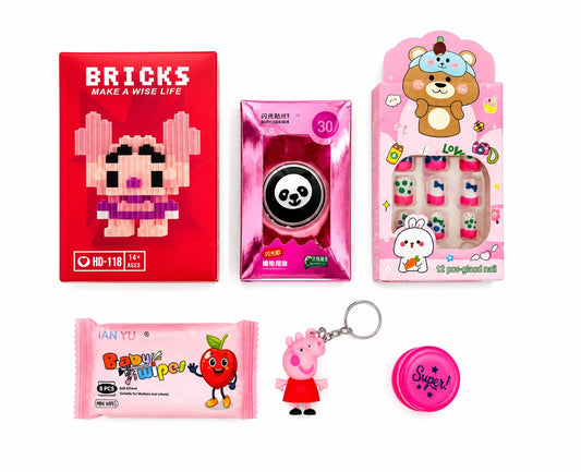 Pink 6 in 1 return gift set with bricks, repellent band, nails, wipes and stamp