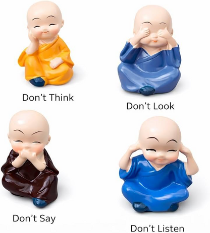 4 Little Monk Statue Set – Think, See, Speak & Hear No Evil | Cute Resin Figurines for Home, Office & Car Decor
