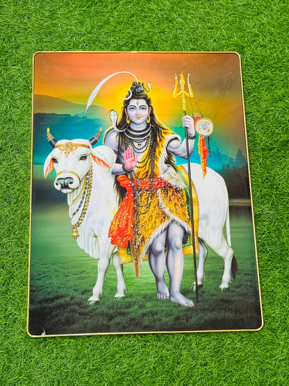 Large crystal embedded Shiva on Nandi bull wall painting on grass
