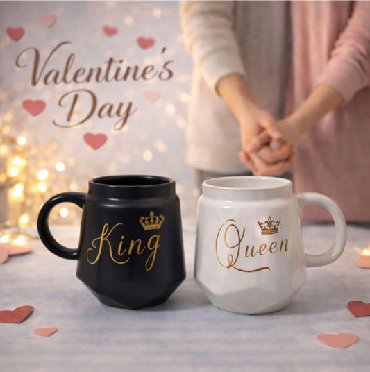 King & Queen Coffee Mug Set with Lid | Black & White Ceramic Couple Mug Combo | Royal Tea & Coffee Cups for Him & Her | Gift Set for Couples