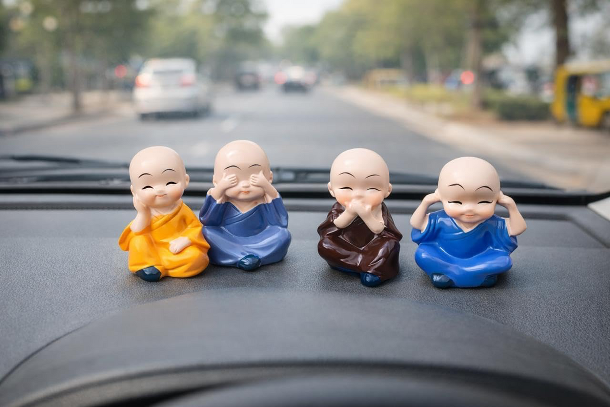 4 Little Monk Statue Set – Think, See, Speak & Hear No Evil | Cute Resin Figurines for Home, Office & Car Decor