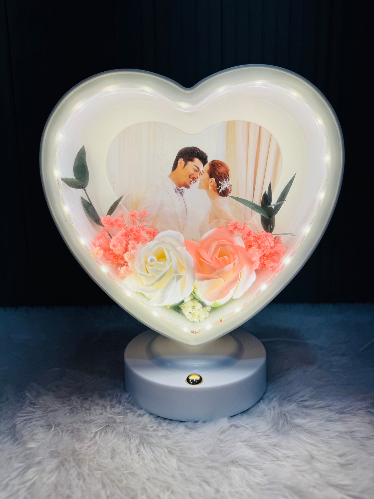 Round Photo Frame with Elegant Lights and Roses | Heart Shape | Couple Design