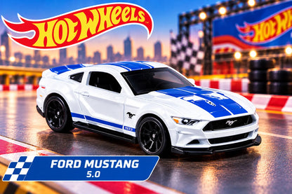 Hot Wheels Ford Mustang 5.0 white toy car with blue racing stripes