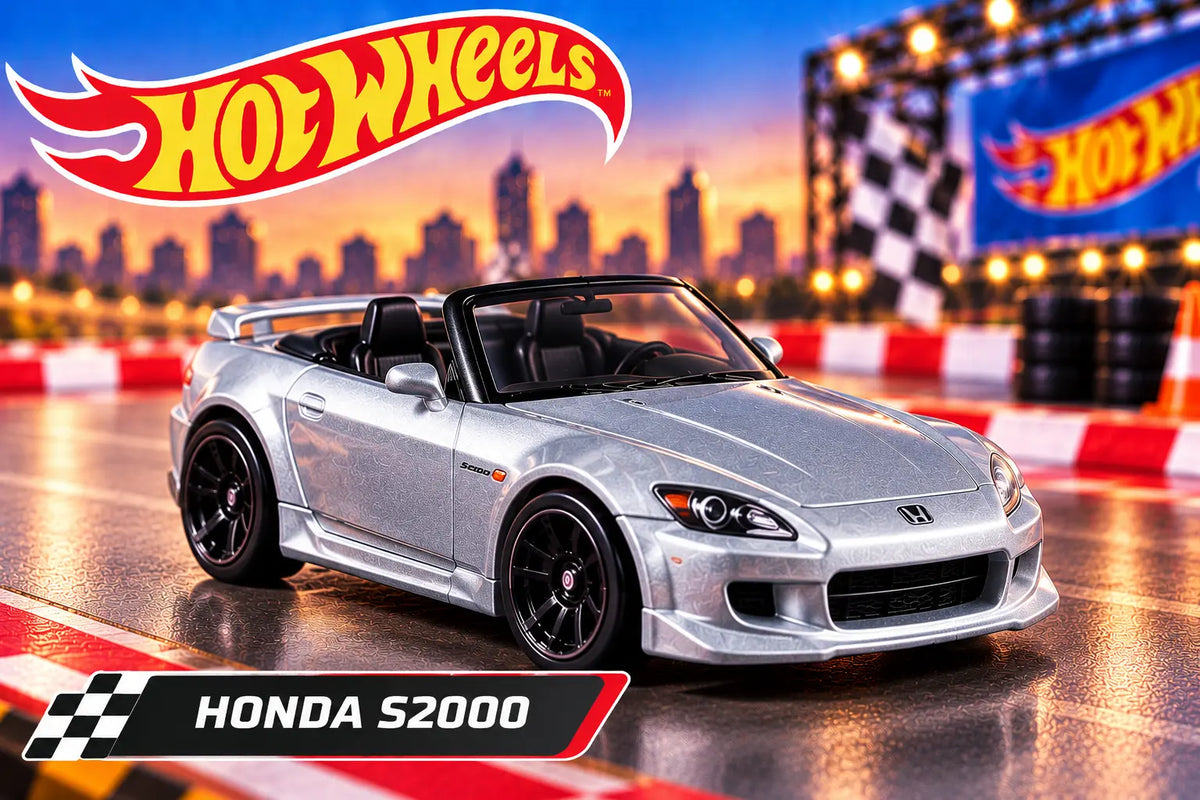 Hot Wheels Honda S2000 silver toy car on a racing track