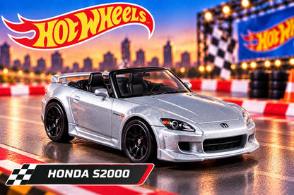 Hot Wheels Honda S2000 silver toy car on a racing track