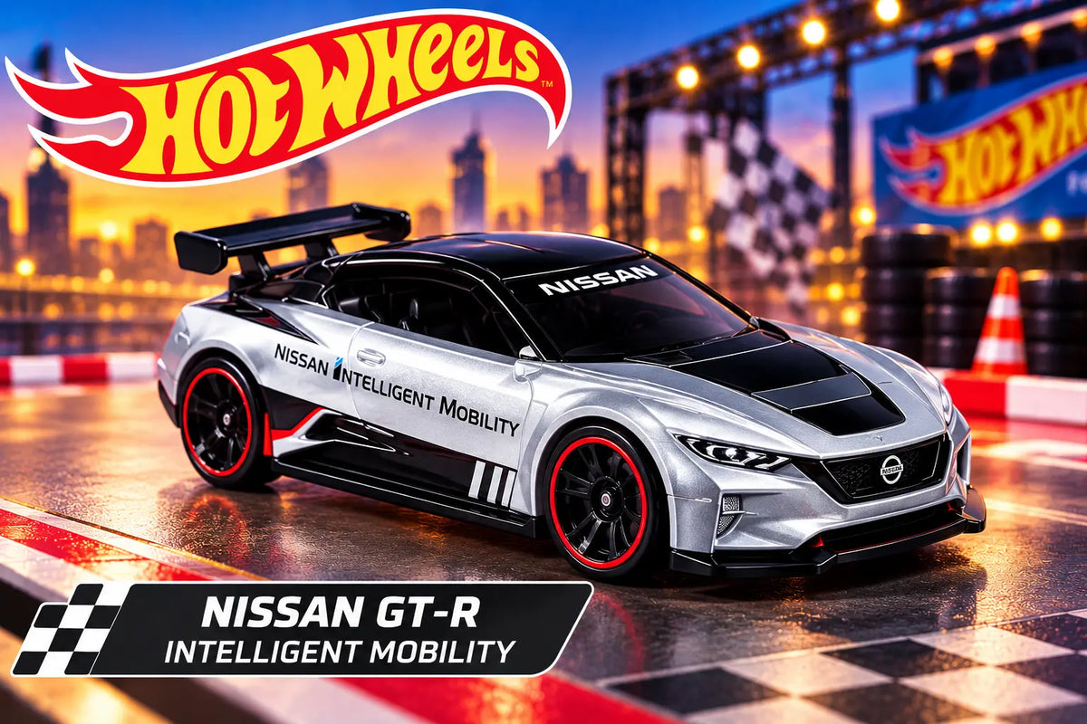 Hot Wheels Nissan GT-R silver and black toy car on race track