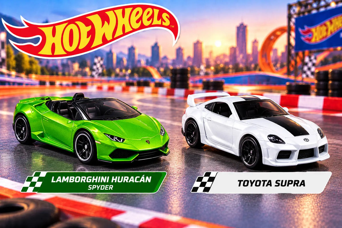 Hot Wheels Lamborghini Huracan and Toyota Supra toy cars on racing track
