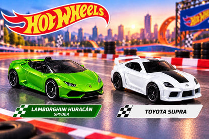 Hot Wheels Lamborghini Huracan and Toyota Supra toy cars on racing track