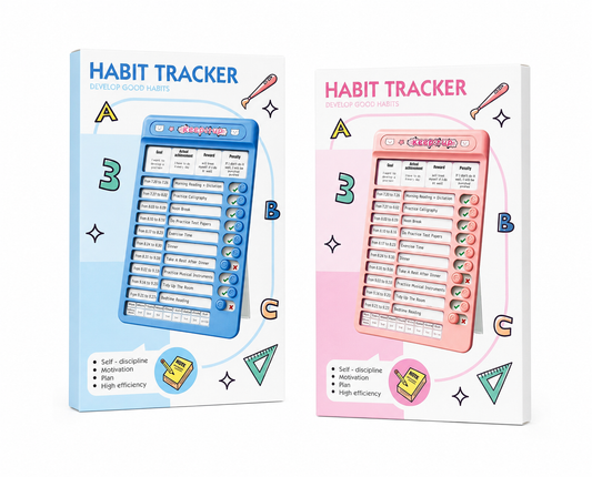 Blue and pink habit tracker chore chart boards shown in retail packaging