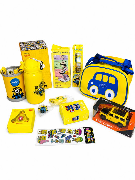 Yellow gift hamper contents including bottle, cup, lunch bag, car and stickers