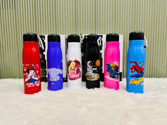 Six cartoon print 550ml steel bottles in red, blue, white, black and pink