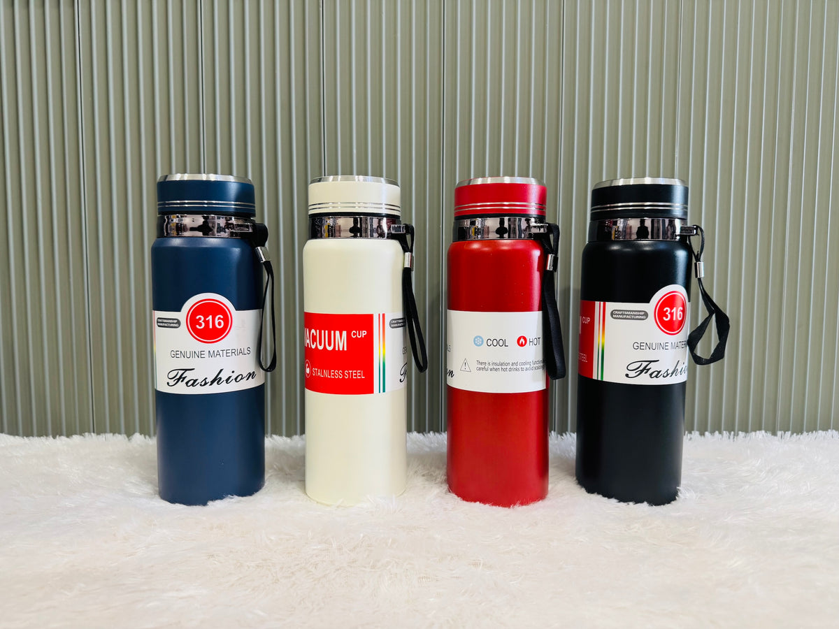 Navy, cream, red and black 800ml vacuum bottles with wrist straps