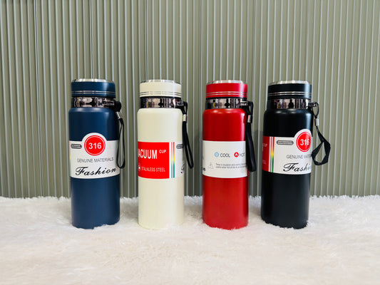 Navy, cream, red and black 800ml vacuum bottles with wrist straps