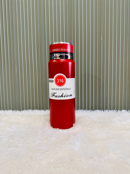 Red 800ml vacuum bottle with 316 steel label and wrist strap