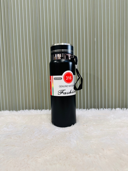 Black 800ml vacuum bottle with 316 steel label and wrist strap