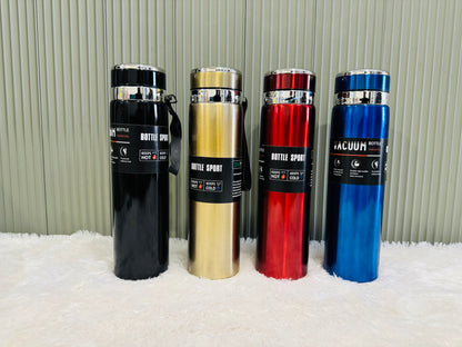 Black, gold, red and blue 1000ml sport flasks with wrist straps