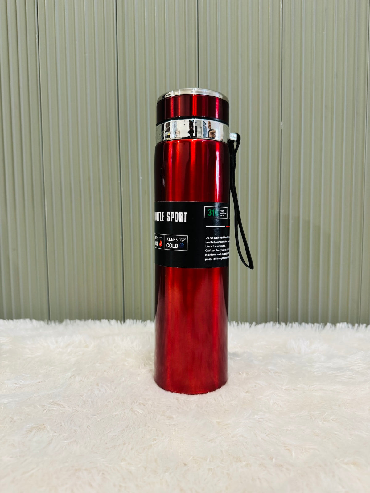 Red 1000ml sport flask with cup lid and black wrist strap