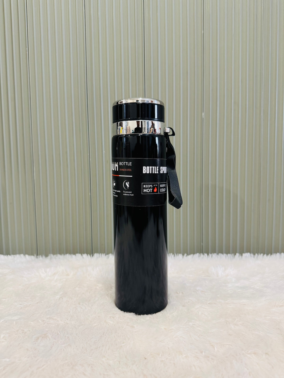 Black 1000ml sport flask with cup lid and black wrist strap