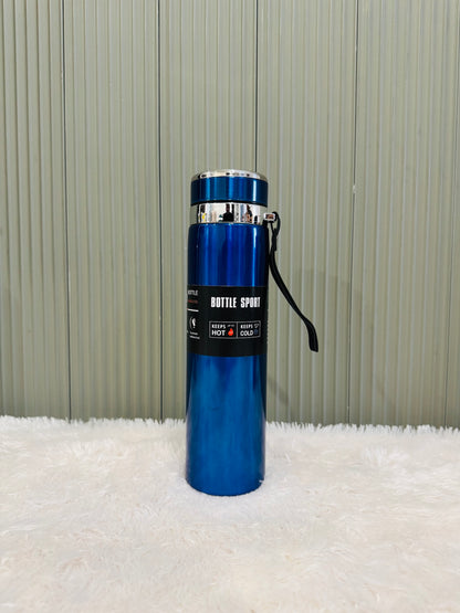 Blue 1000ml sport flask with cup lid and black wrist strap