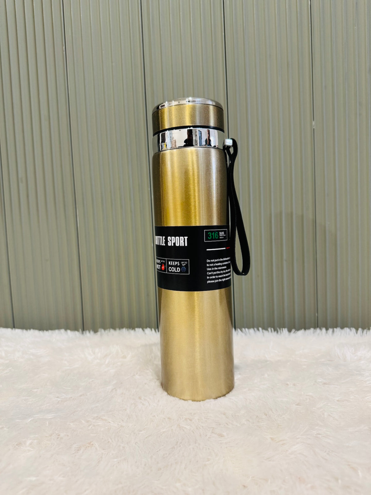 Gold 1000ml sport flask with cup lid and black wrist strap