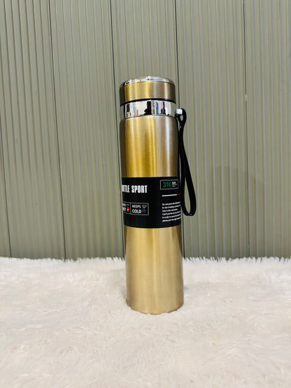 Gold 1000ml sport flask with cup lid and black wrist strap