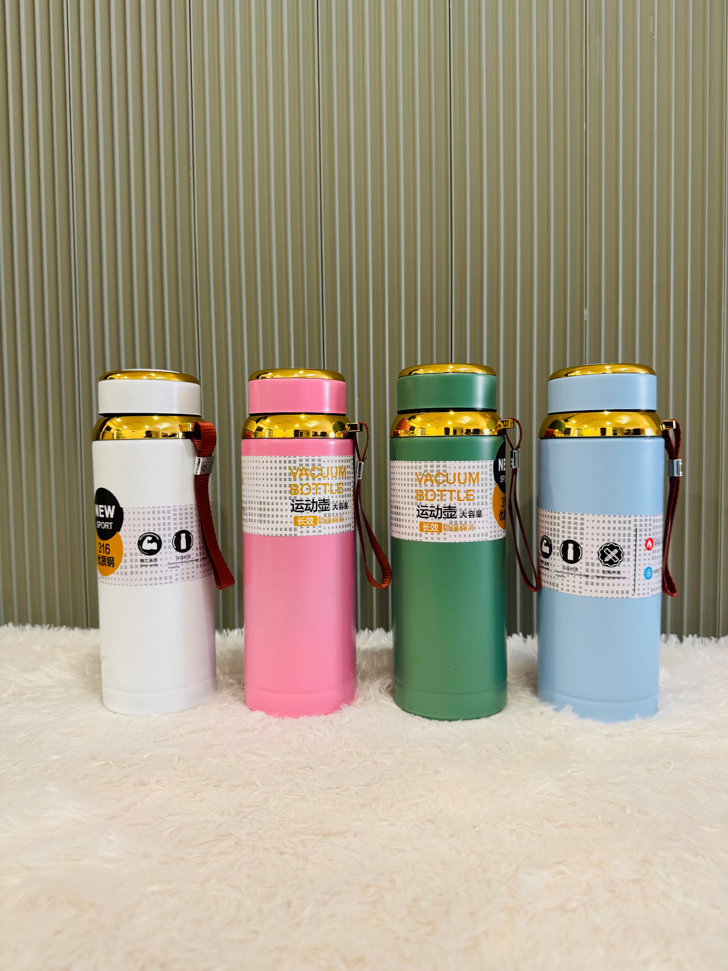 White, pink, green and blue 800ml flasks with gold trim and straps