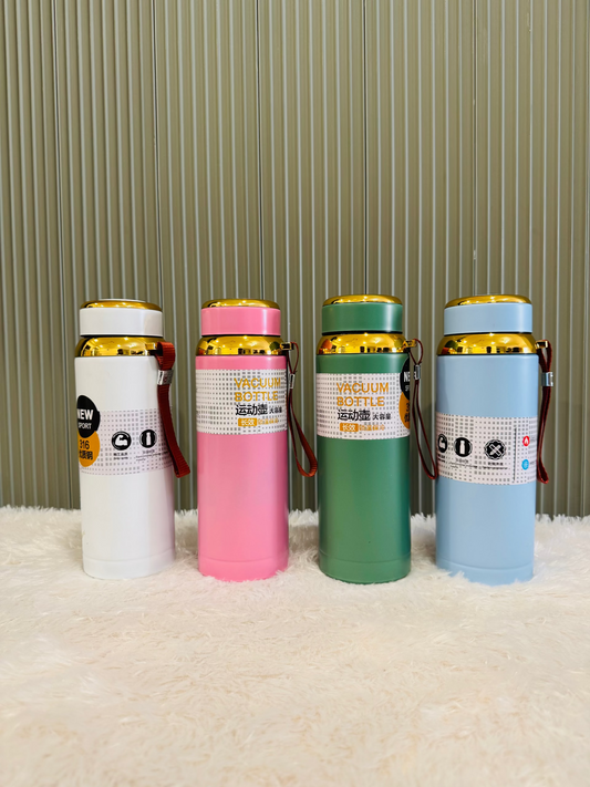 White, pink, green and blue 800ml flasks with gold trim and straps