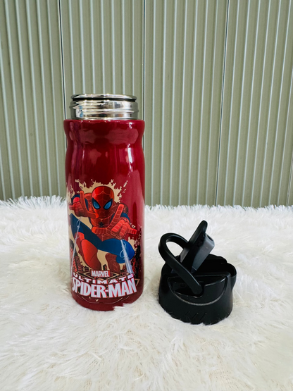 Red 400ml bottle with spider superhero print beside its black lid