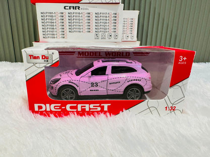 Pink boxed 1:32 die cast racing toy car with model list behind