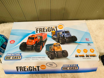 Freight truck toy box showing die cast container trucks with big wheels