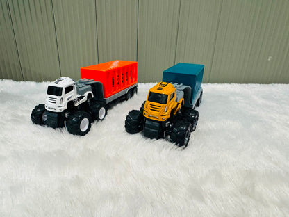 Two die cast container truck toys in red and teal on a rug
