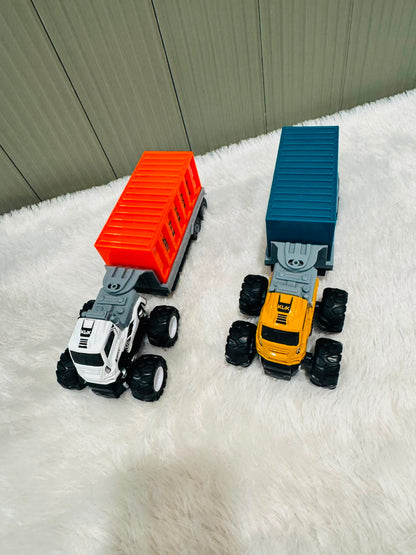 Red and blue container truck toys with oversized wheels on a rug
