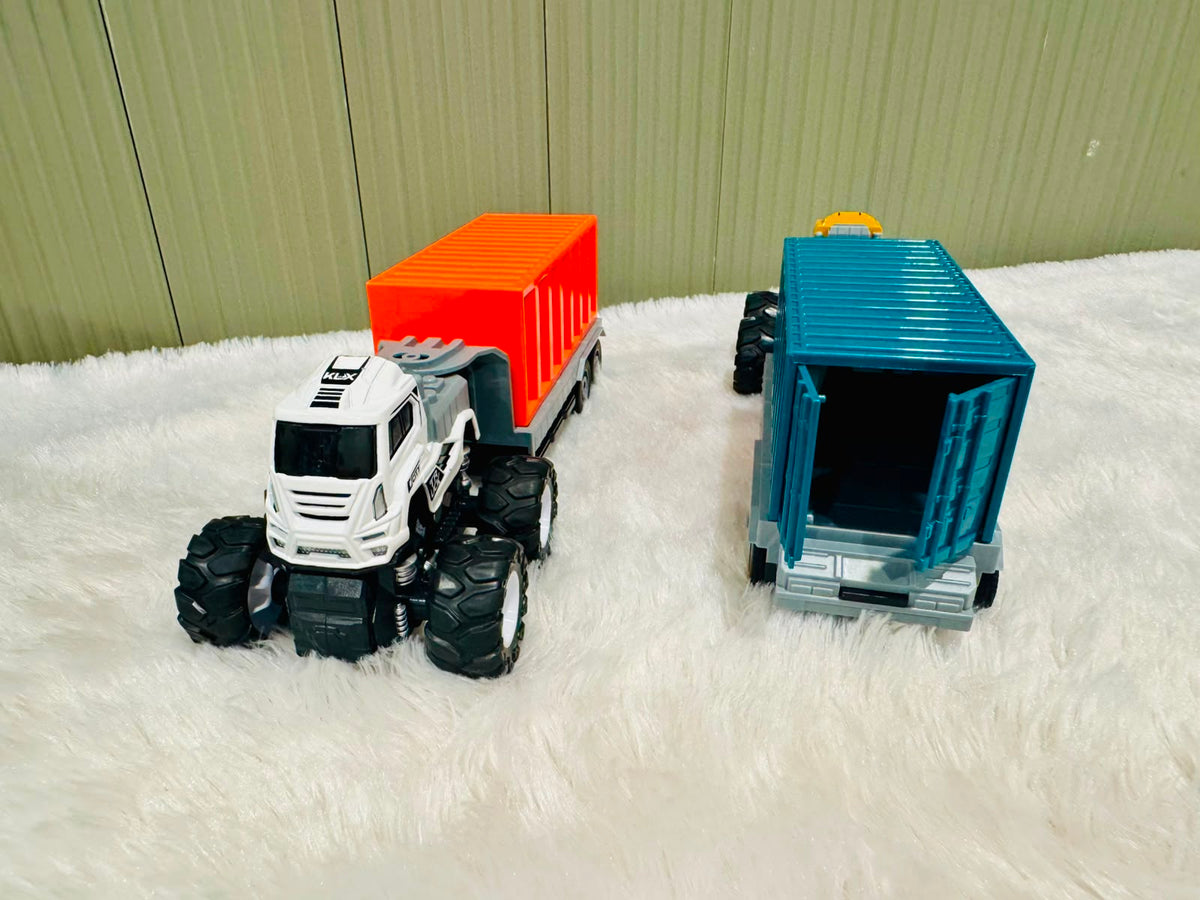 White and yellow container trucks with the blue container opened