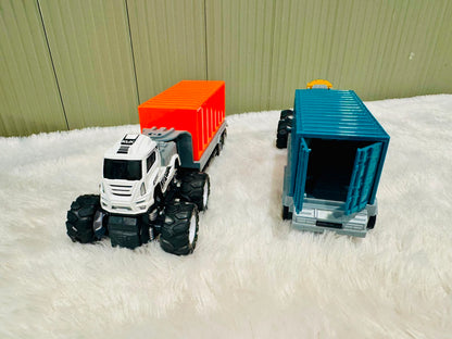 White and yellow container trucks with the blue container opened