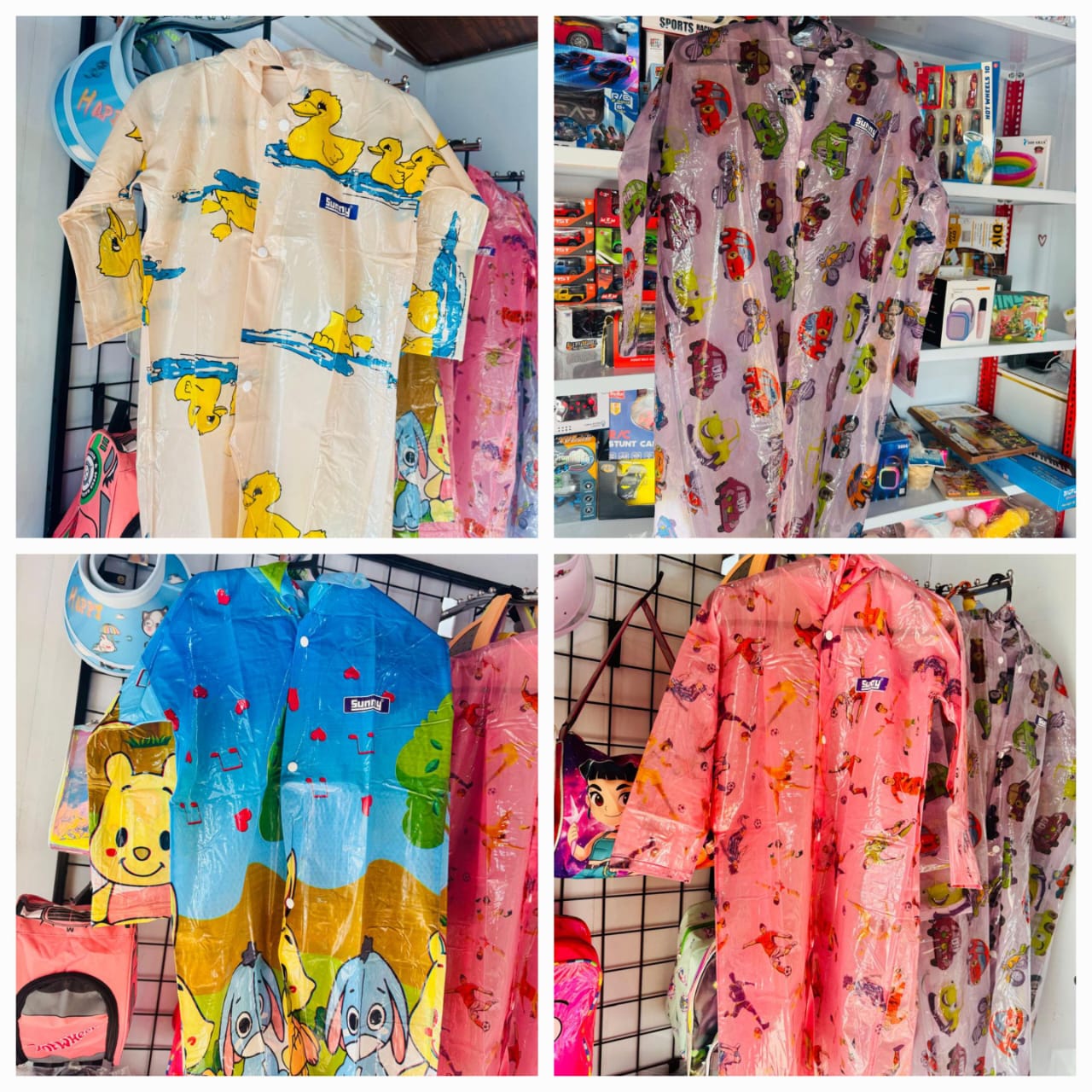 Four cartoon print kids raincoats hanging in a shop, several views