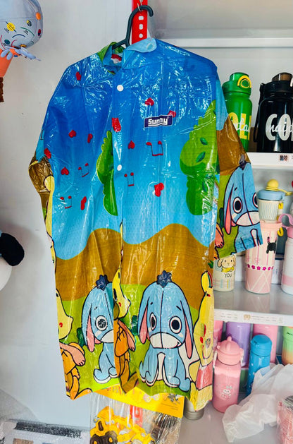 Blue and yellow cartoon animal print kids raincoat on a hanger