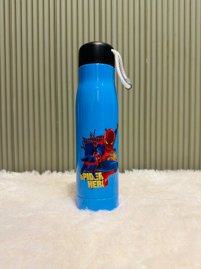 Blue 550ml steel bottle with spider superhero print, front view