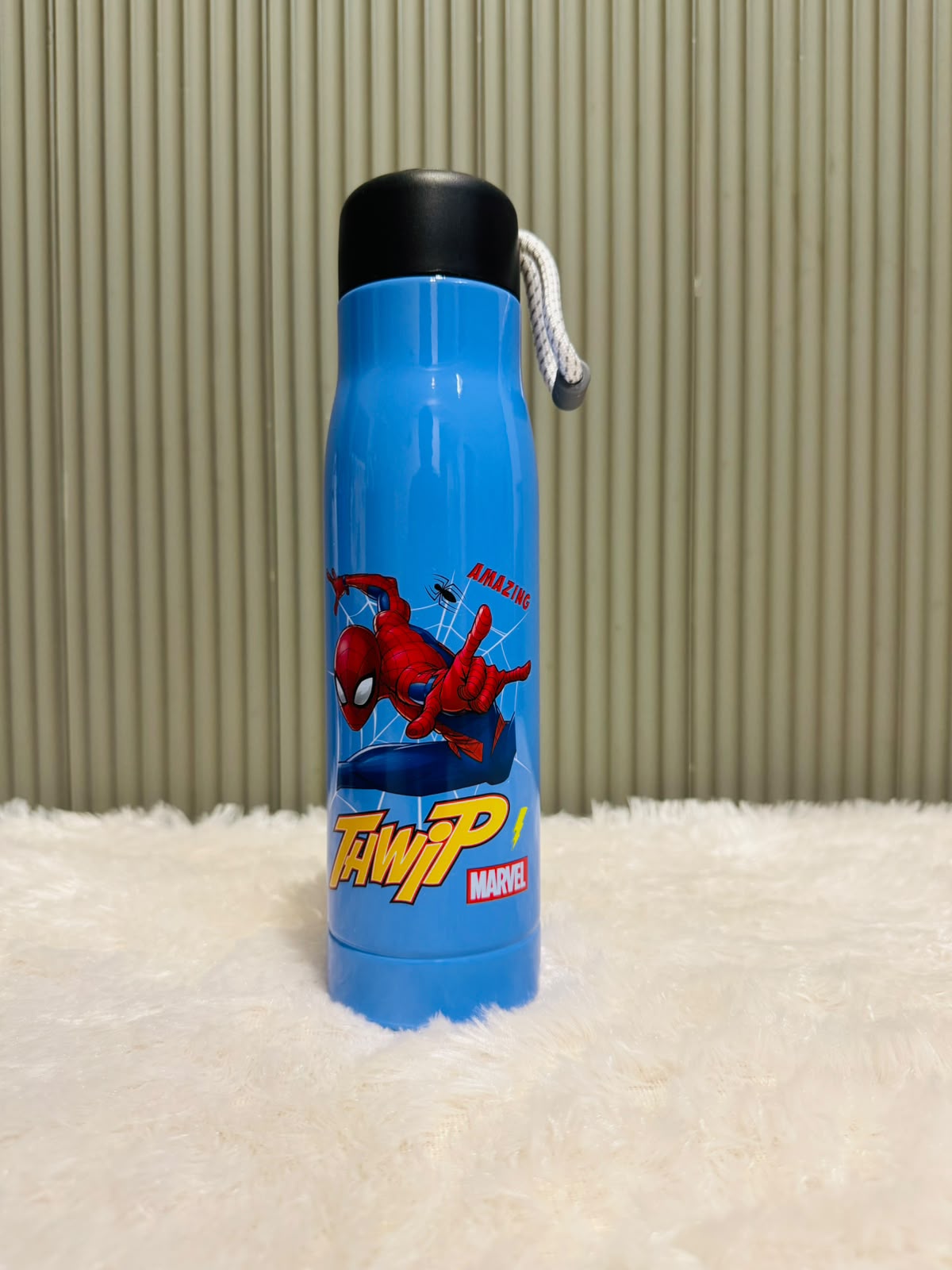 Blue 550ml steel bottle with spider superhero and slogan print