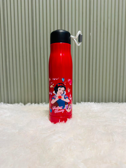 Red 550ml steel bottle with cartoon princess print and rope strap