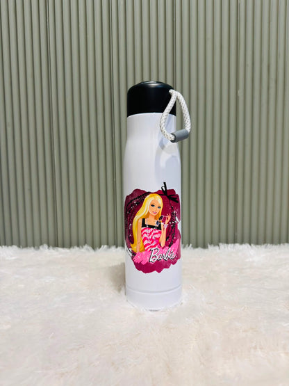 White 550ml steel bottle with cartoon doll print and rope strap