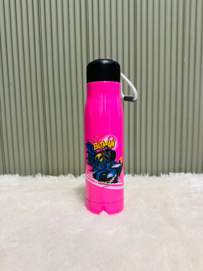 Pink 550ml steel bottle with caped superhero print and rope strap